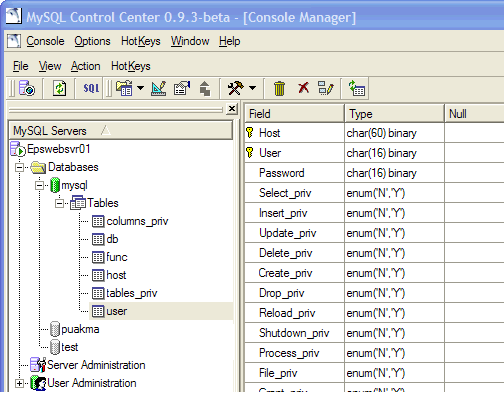 MySQL Control Center - listing table