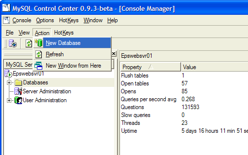 MySQL Control Center - new database
